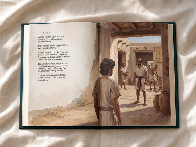 An illustrated Bible storybook lying open on ivory linen, a full-page illustration facing the Scripture text — Joseph: The Lord Was With Him by Abide Near.