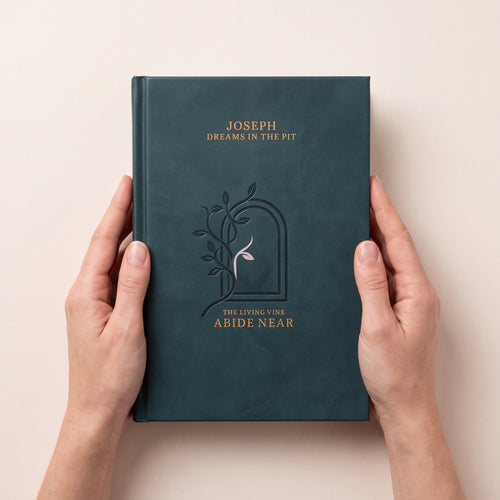 A person's hands holding a hardcover book titled 'Joseph Dreams in the Pit: The Living Vine Abide Near' against a solid light beige background.