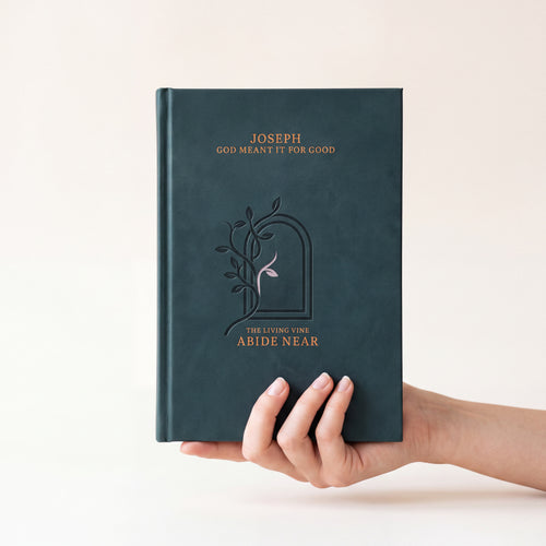 A hand holding a dark teal hardcover journal with gold foil lettering that reads 'JOSEPH GOD MEANT IT FOR GOOD' and 'THE LIVING VINE ABIDE NEAR', against a clean off-white background.