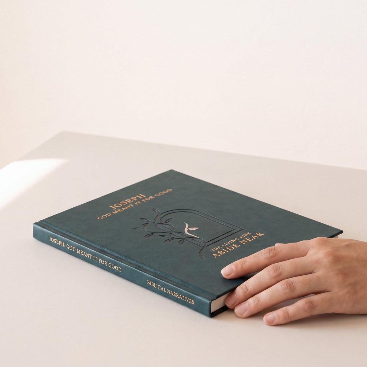 A hand rests on a dark teal hardcover book titled 'Joseph: God Meant It For Good' on a light beige table against a matching background.