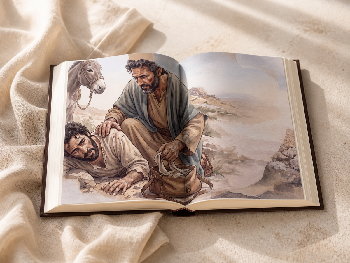 The Good Samaritan open beside natural linen in warm window light