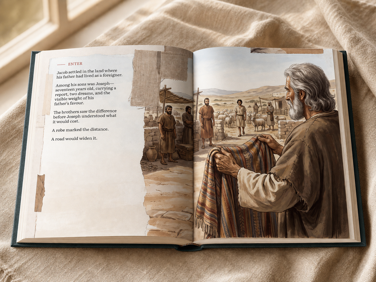 Joseph: Dreams In The Pit open beside natural linen in warm window light