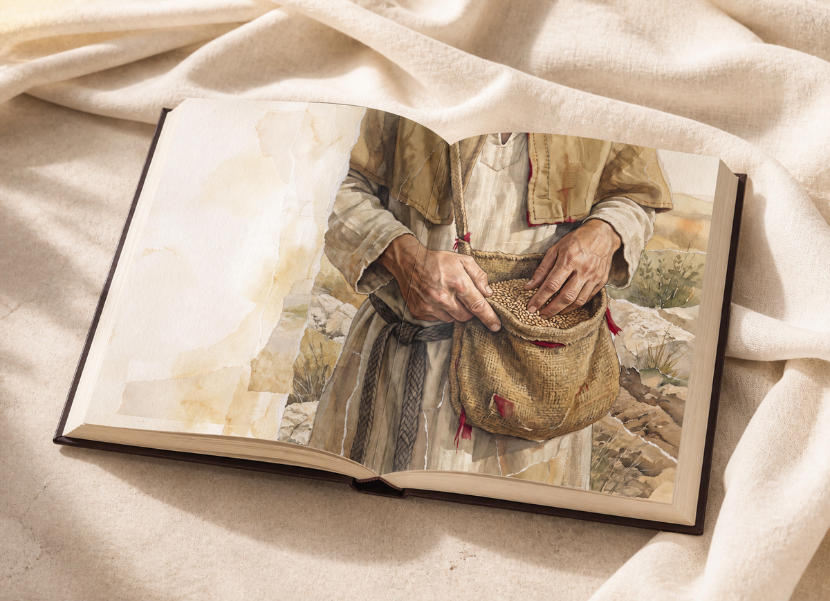 The Sower open beside natural linen in warm window light